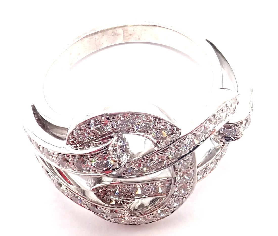 Authentic! Cartier Agrafe 18k White Gold Diamond Band Ring - 9