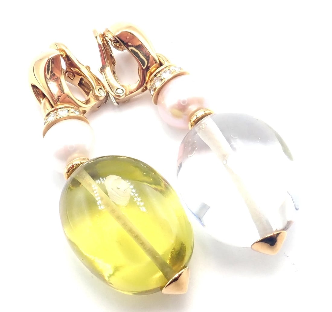 Authentic! Bulgari Bvlgari 18k Gold Diamond Pearl Peridot Crystal Drop Earrings - 12