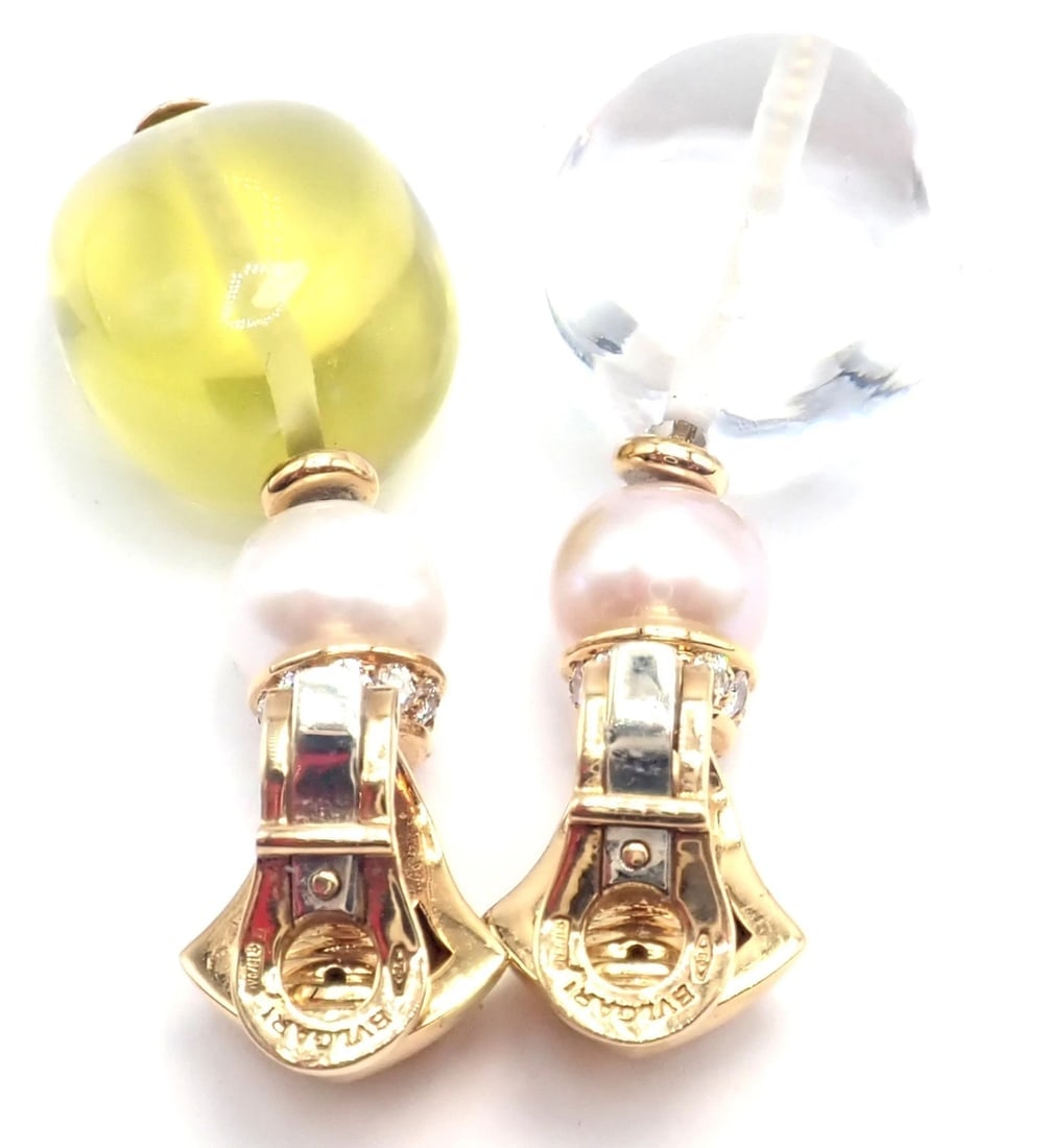 Authentic! Bulgari Bvlgari 18k Gold Diamond Pearl Peridot Crystal Drop Earrings - 14