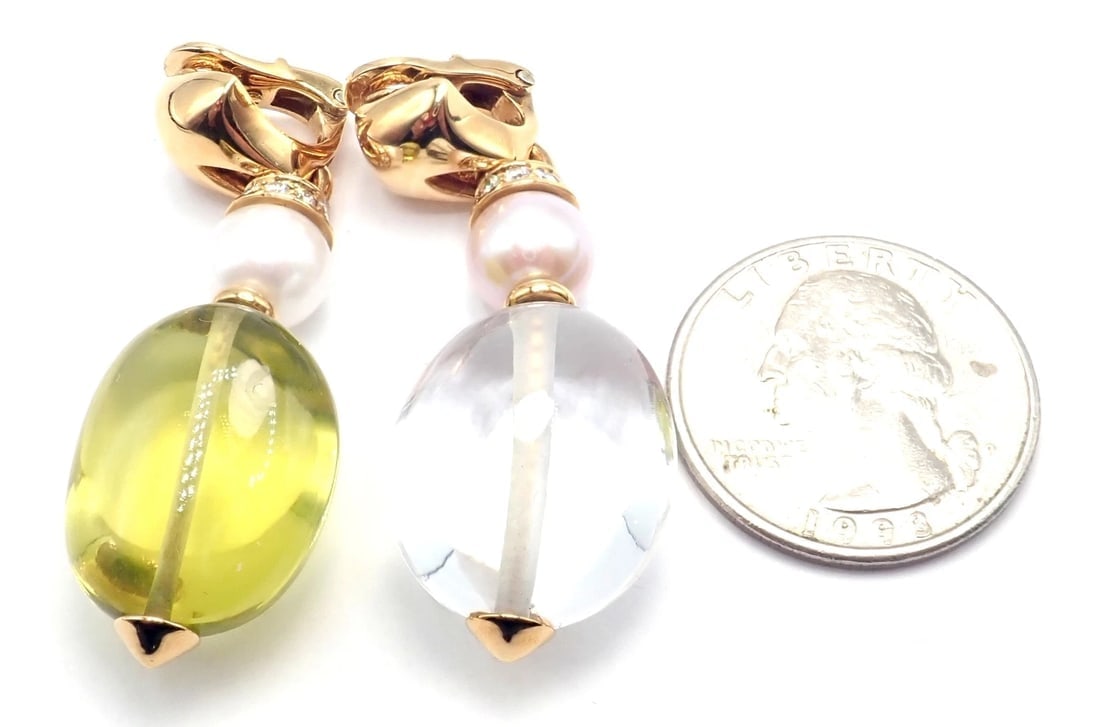 Authentic! Bulgari Bvlgari 18k Gold Diamond Pearl Peridot Crystal Drop Earrings - 15