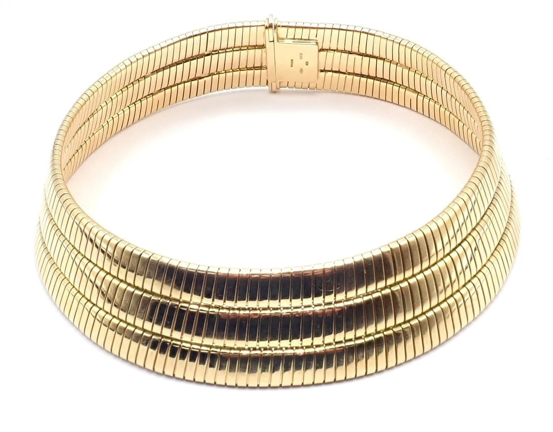 Authentic! Bvlgari Bulgari Three Rows Tubogas 18k Yellow Gold Choker Necklace - 10