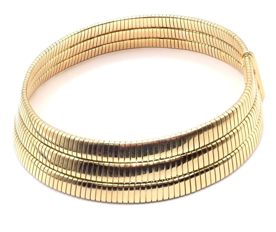 Authentic! Bvlgari Bulgari Three Rows Tubogas 18k Yellow Gold Choker Necklace - 11