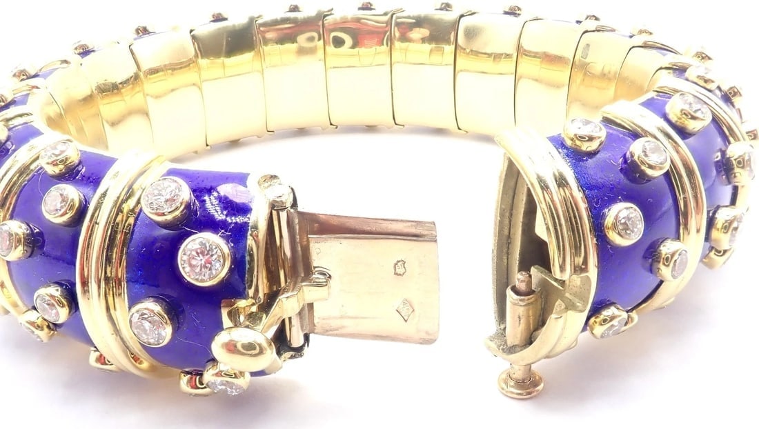 Tiffany & Co Schlumberger Dots 18k Yellow Gold Diamond Enamel Bangle Bracelet - 9