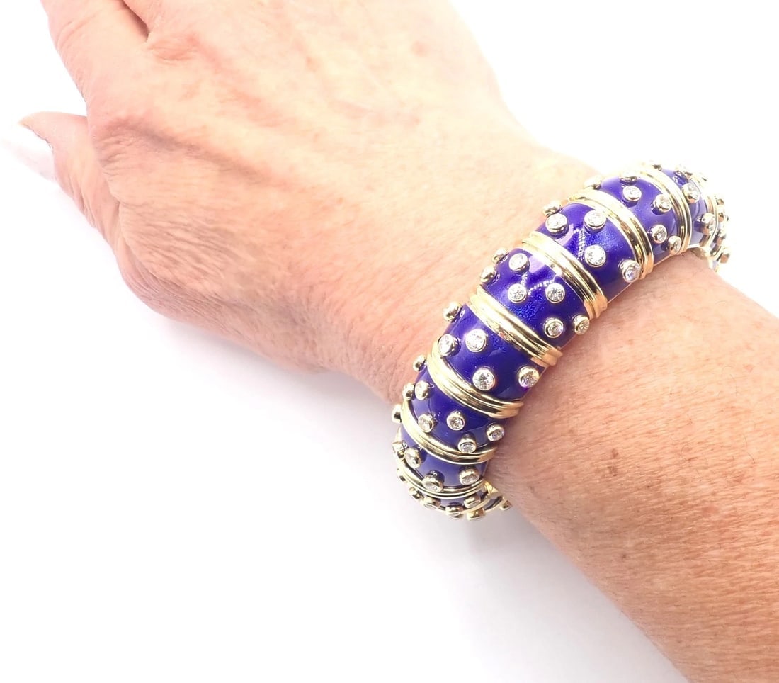 Tiffany & Co Schlumberger Dots 18k Yellow Gold Diamond Enamel Bangle Bracelet - 11