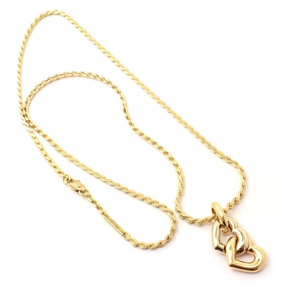 Authentic! Cartier 18k Yellow White Gold Double Heart Pendant S Chain Necklace - 10