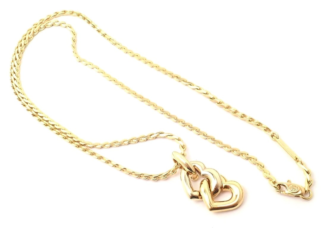 Authentic! Cartier 18k Yellow White Gold Double Heart Pendant S Chain Necklace - 12