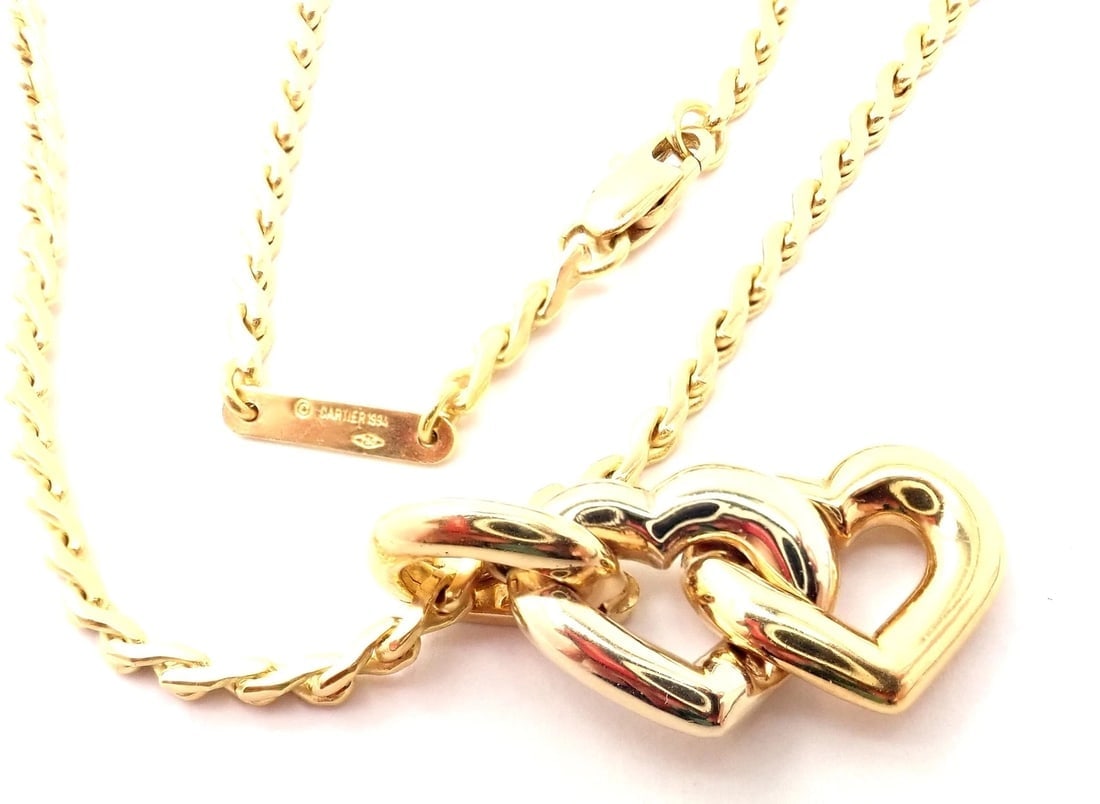 Authentic! Cartier 18k Yellow White Gold Double Heart Pendant S Chain Necklace - 5