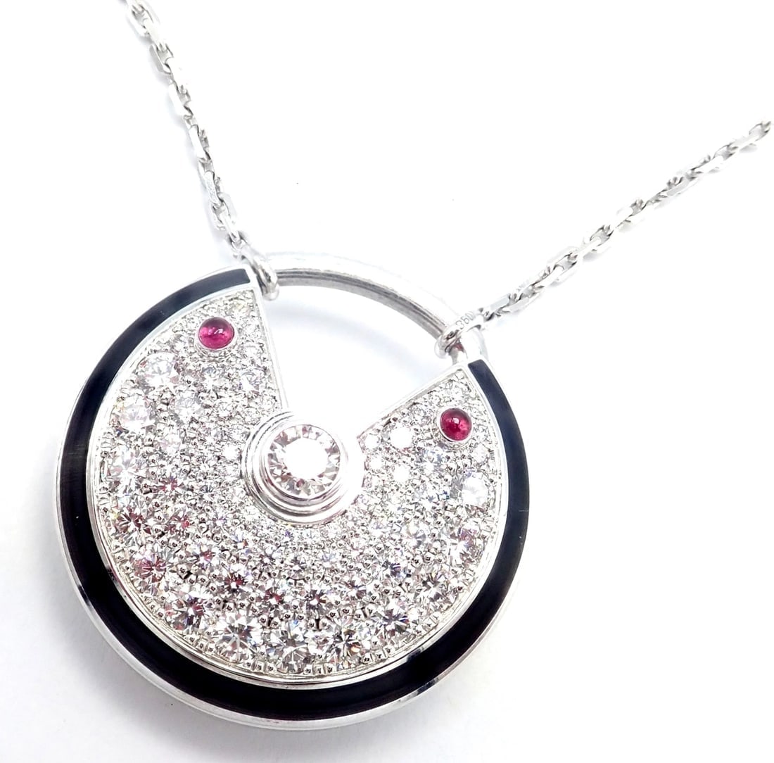 Authentic! Cartier Amulette 18k White Gold Diamond Ruby Large Pendant Necklace - 2