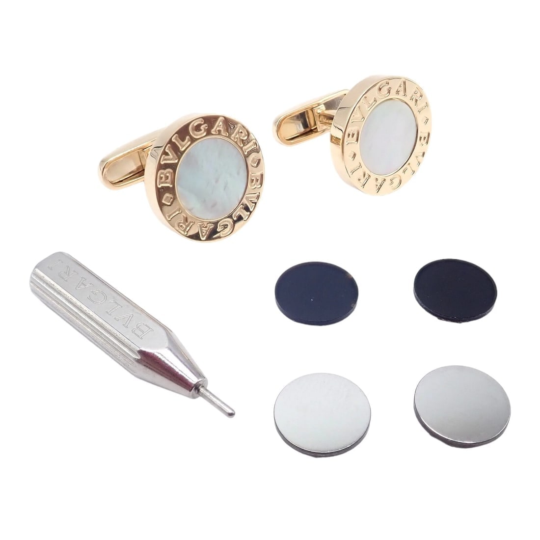 Authentic! Bvlgari Bulgari 18k Yellow Gold Multicenter Cufflink Kit Set: Authentic! Bvlgari Bulgari 18k Yellow Gold Multicenter Cufflink Kit Set About This Piece: The Authentic Bvlgari Bulgari 18k Yellow Gold Multicenter Cufflink Kit Set is a striking accessory that exudes