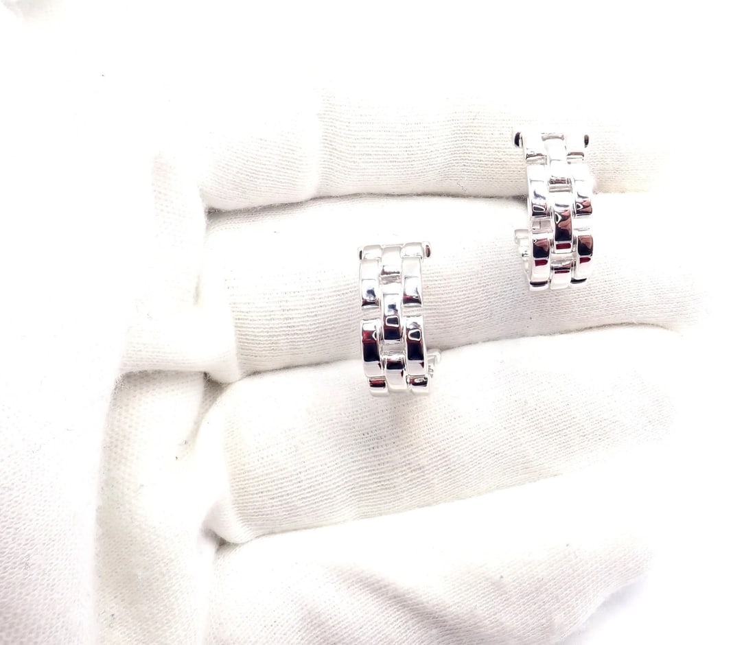 Authentic! Cartier Maillon Panthere 18K White Gold Three Row Link Hoop Earrings - 9