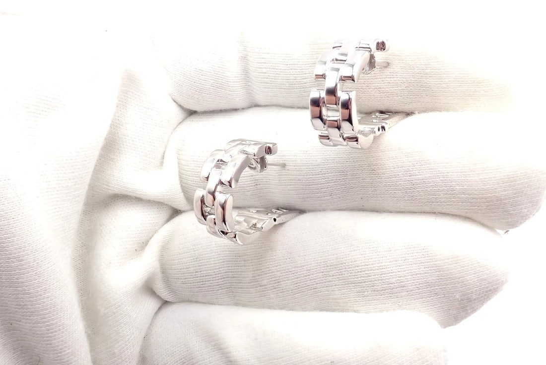 Authentic! Cartier Maillon Panthere 18K White Gold Three Row Link Hoop Earrings - 11