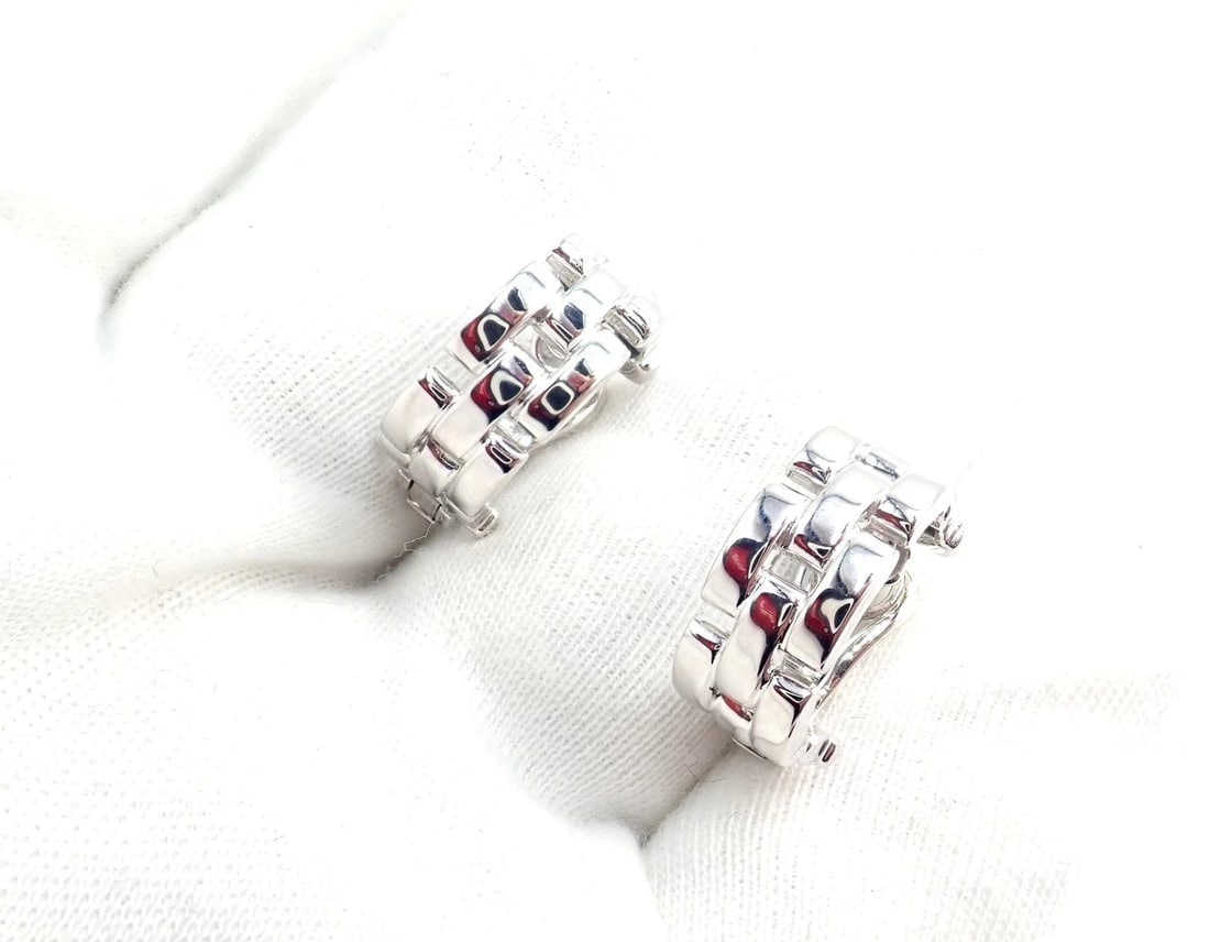 Authentic! Cartier Maillon Panthere 18K White Gold Three Row Link Hoop Earrings - 12