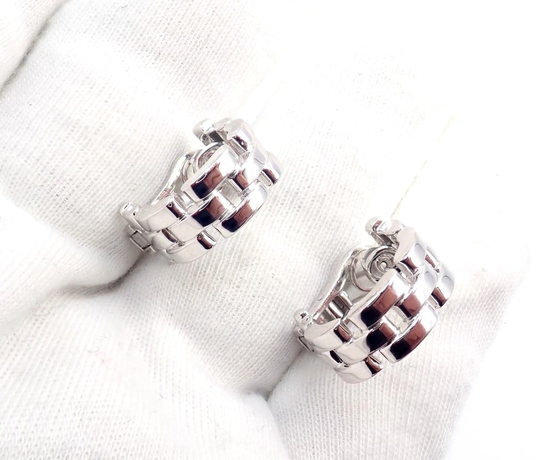 Authentic! Cartier Maillon Panthere 18K White Gold Three Row Link Hoop Earrings - 13
