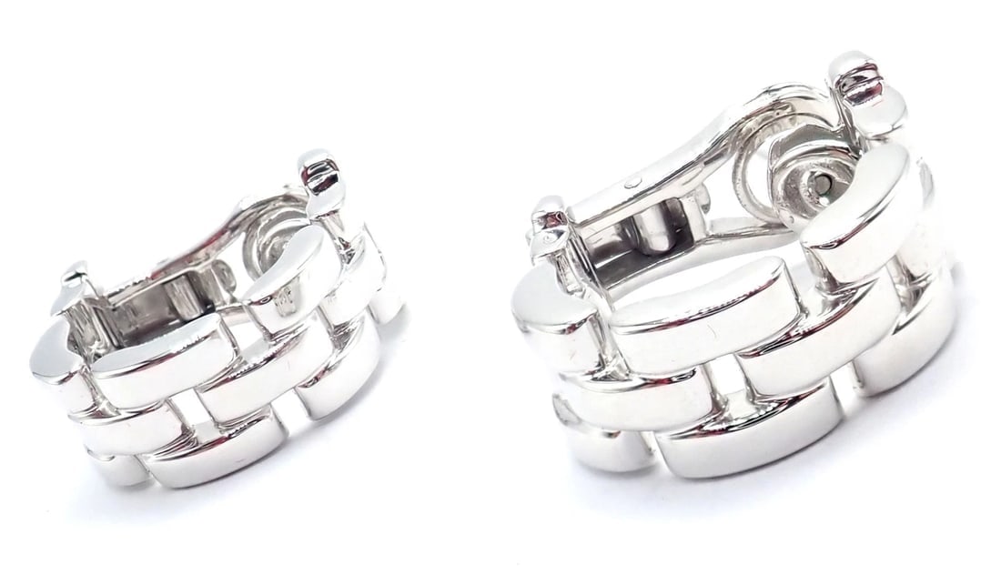 Authentic! Cartier Maillon Panthere 18K White Gold Three Row Link Hoop Earrings - 18
