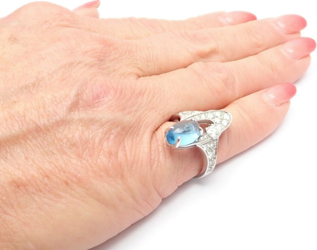 Rare! Authentic Bvlgari Bulgari Elysia 18k White Gold Diamond Blue Topaz Ring - 9