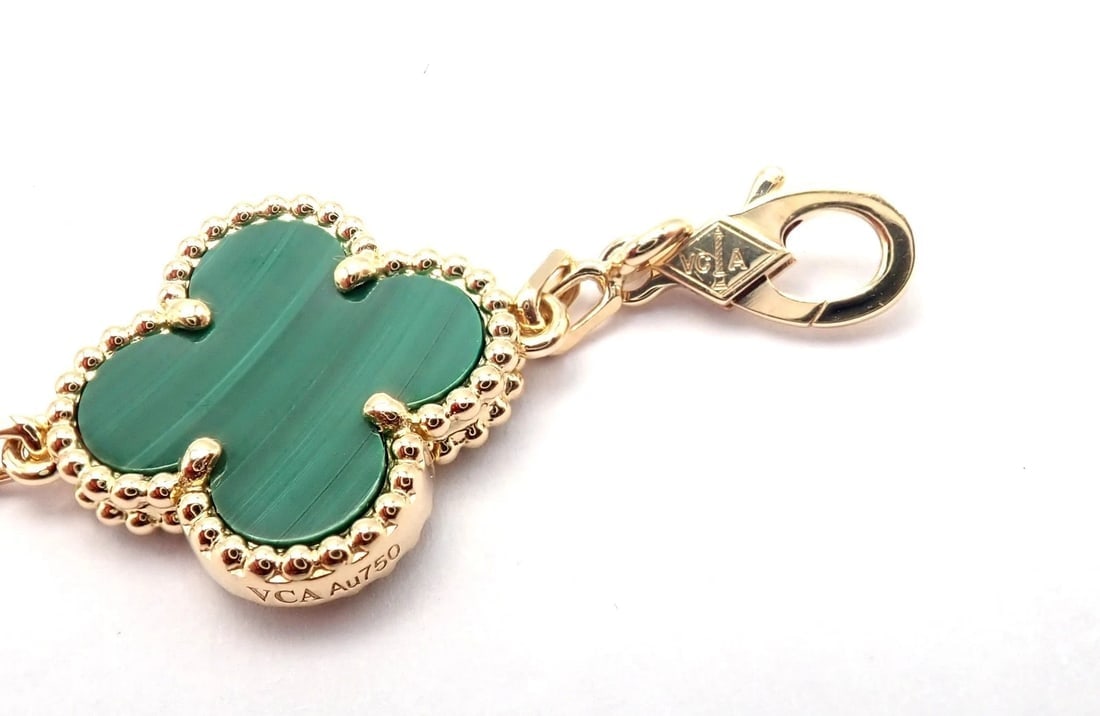Authentic! Van Cleef & Arpels 18k Gold 5 Motif Malachite Alhambra Bracelet Cert. - 9