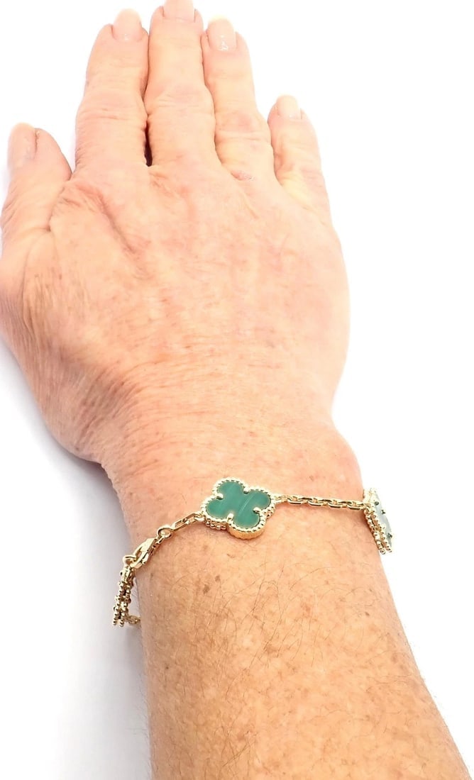 Authentic! Van Cleef & Arpels 18k Gold 5 Motif Malachite Alhambra Bracelet Cert. - 11