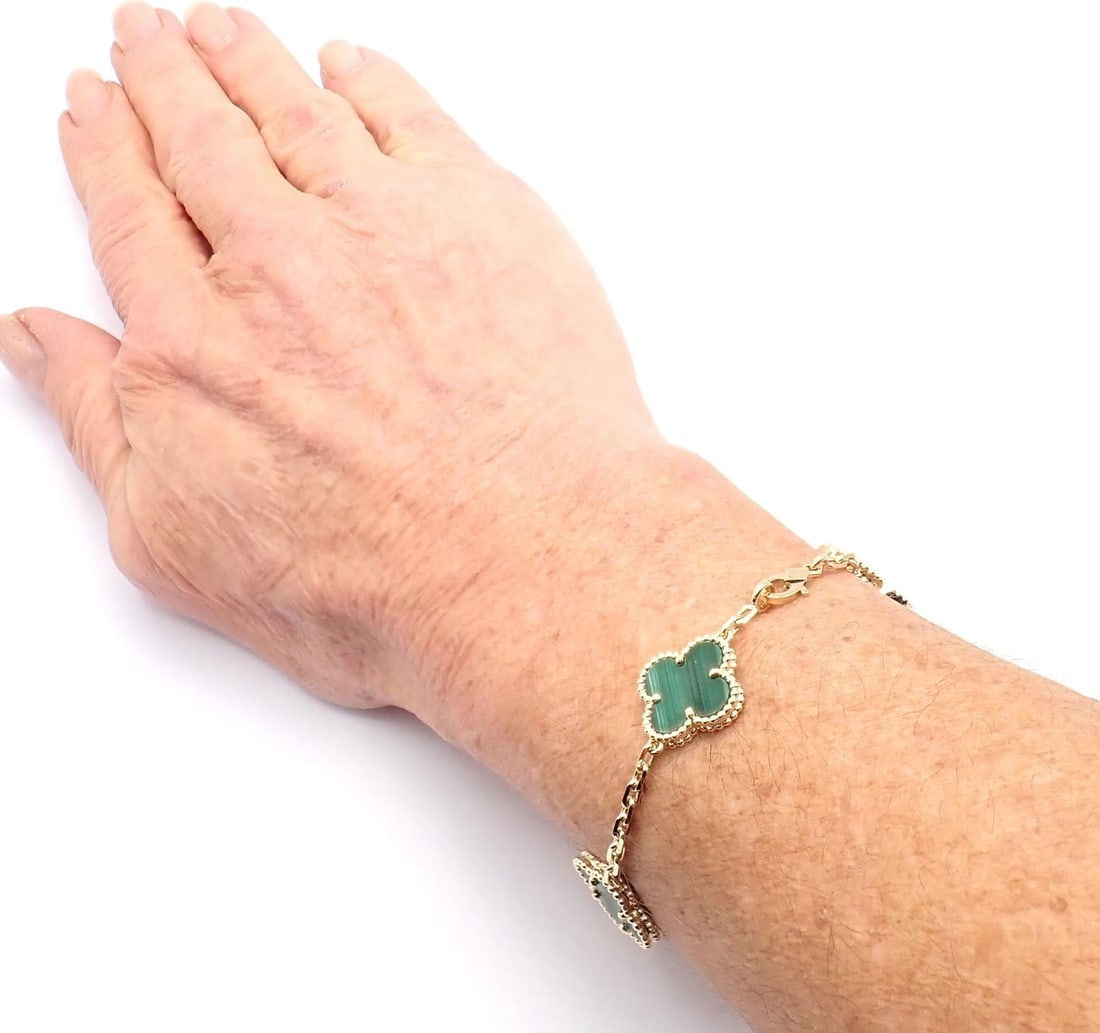 Authentic! Van Cleef & Arpels 18k Gold 5 Motif Malachite Alhambra Bracelet Cert. - 12