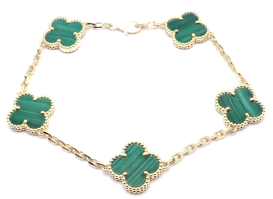 Authentic! Van Cleef & Arpels 18k Gold 5 Motif Malachite Alhambra Bracelet Cert. - 13
