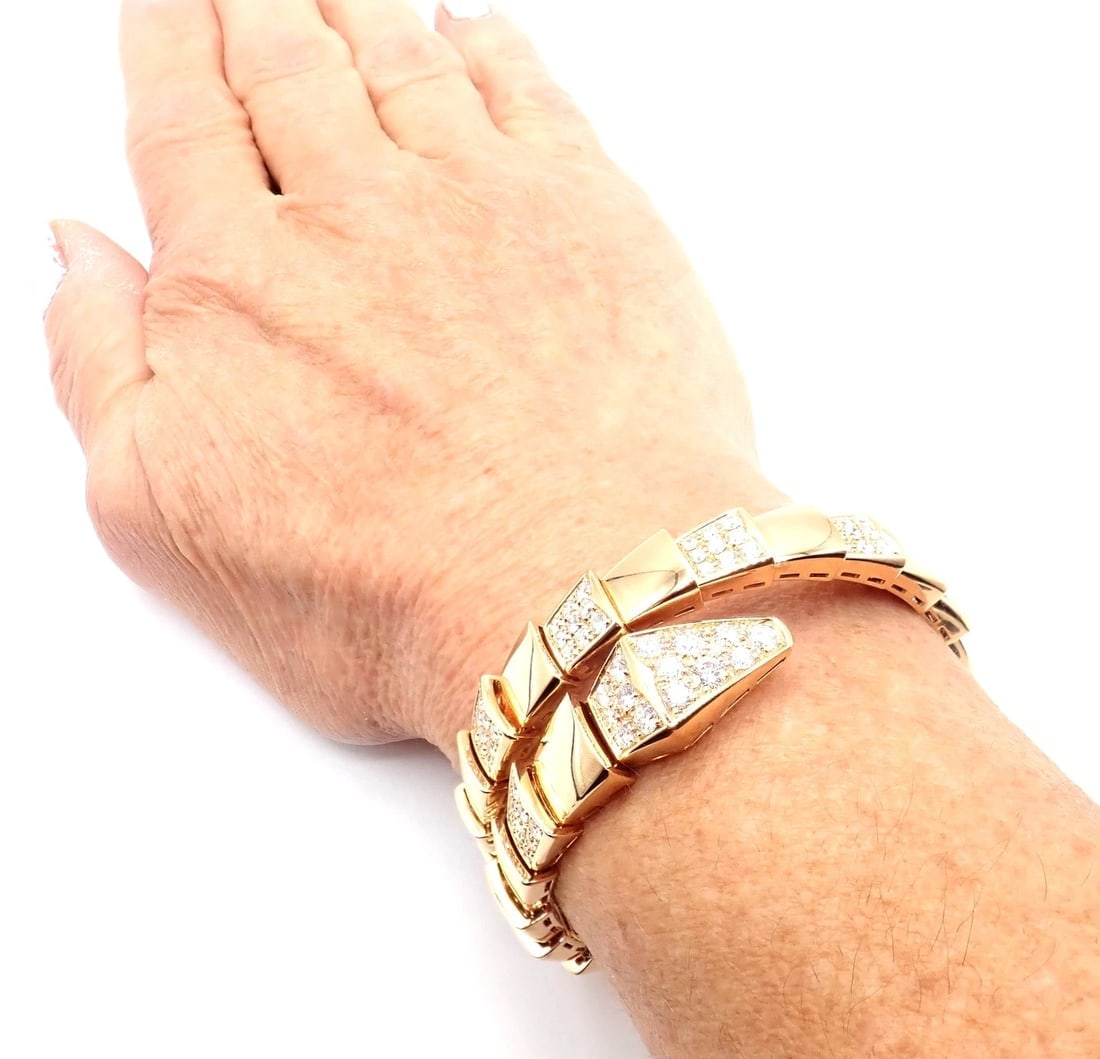 Authentic! Bulgari Bvlgari Serpenti Viper 18k Rose Gold Diamond Bangle Bracelet - 11