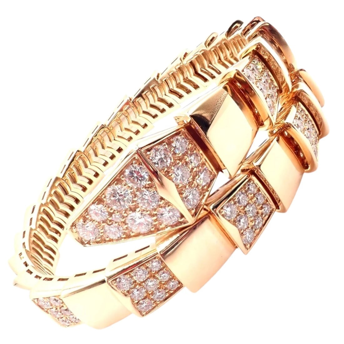 Authentic! Bulgari Bvlgari Serpenti Viper 18k Rose Gold Diamond Bangle Bracelet: Authentic! Bulgari Bvlgari Serpenti Viper 18k Rose Gold Diamond Bangle Bracelet About This Piece: The Bulgari Serpenti Viper 18k Rose Gold Diamond Bangle Bracelet embodies the brand's iconic snake mot