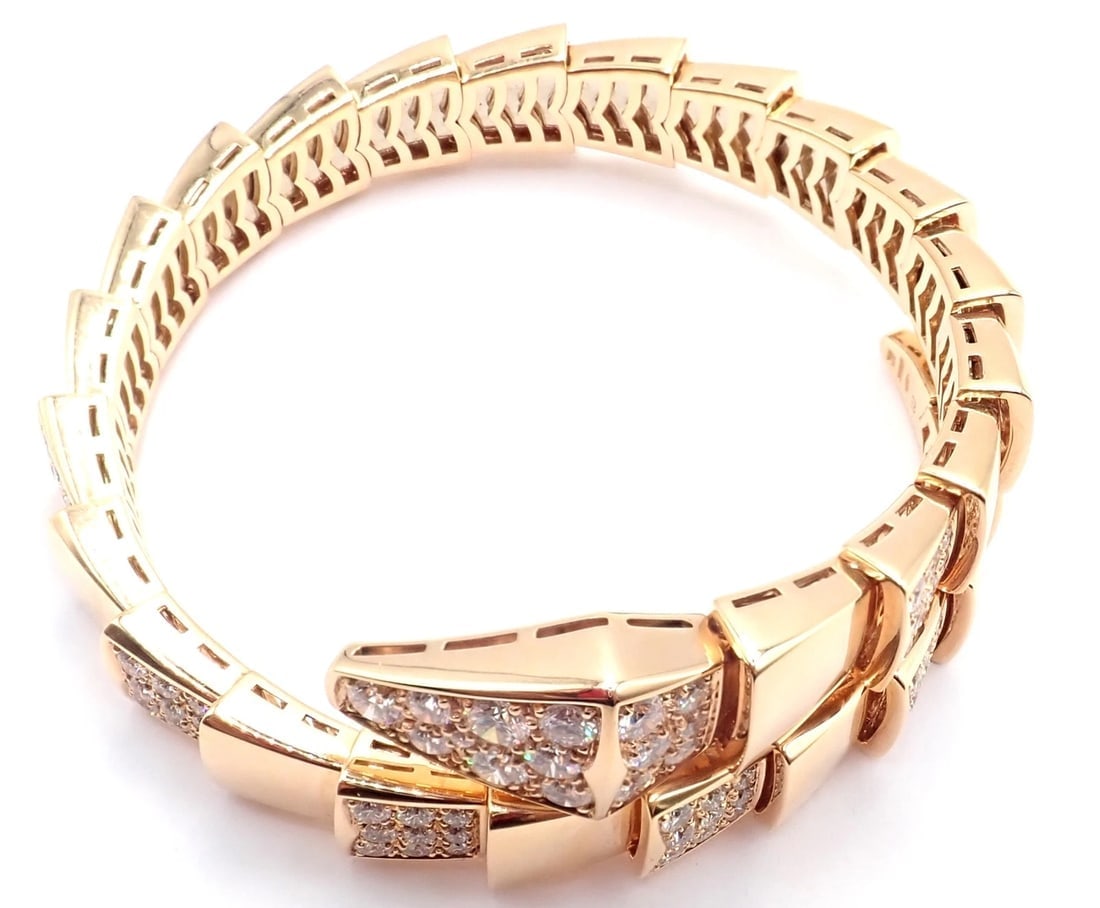 Authentic! Bulgari Bvlgari Serpenti Viper 18k Rose Gold Diamond Bangle Bracelet - 7