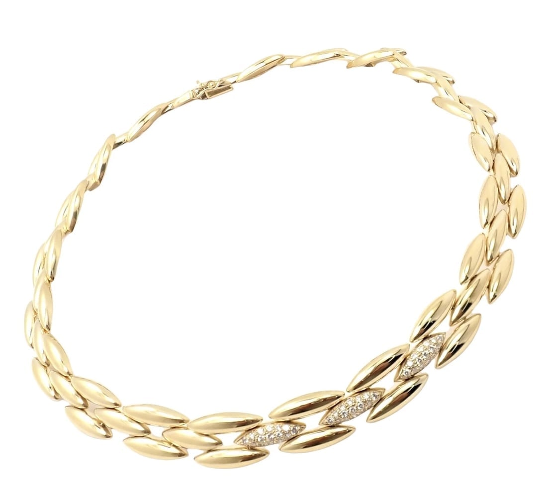 Authentic! Cartier 18k Yellow Gold Diamond Three Row Gentiane Rice Link Necklace - 9