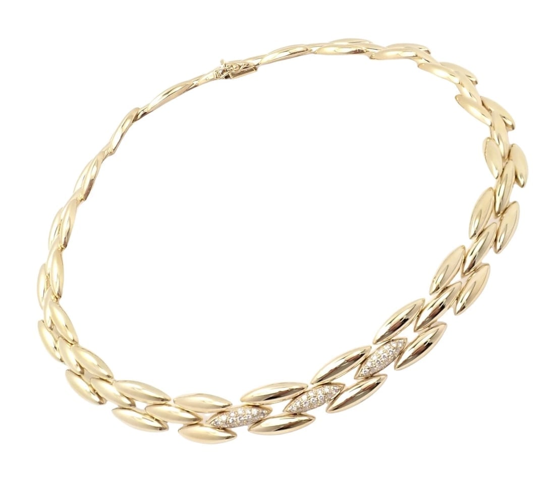 Authentic! Cartier 18k Yellow Gold Diamond Three Row Gentiane Rice Link Necklace - 12