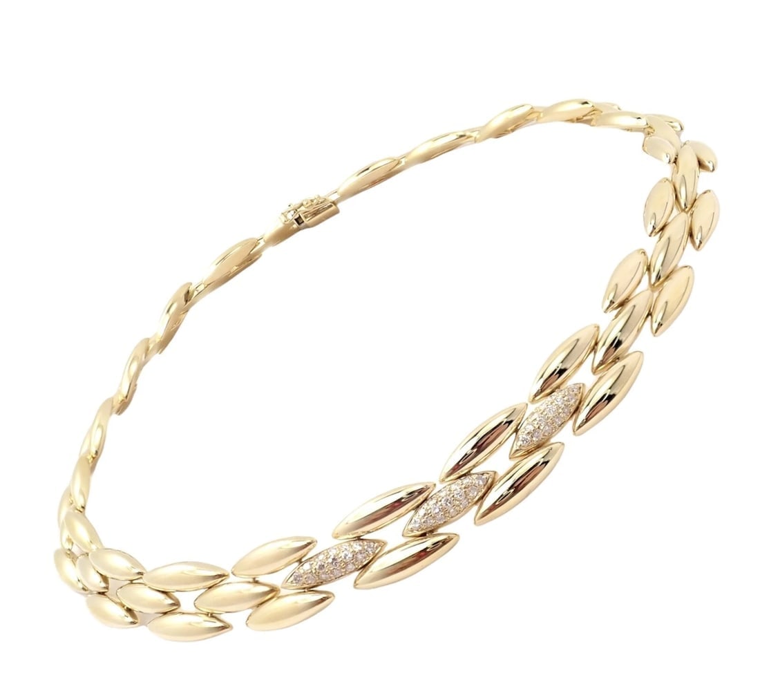 Authentic! Cartier 18k Yellow Gold Diamond Three Row Gentiane Rice Link Necklace - 13