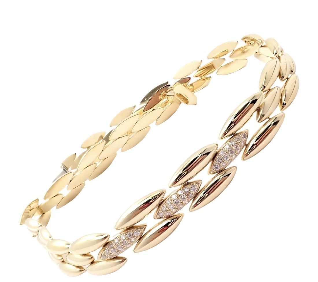 Authentic! Cartier 18k Yellow Gold Diamond Three Row Gentiane Rice Link Necklace - 14