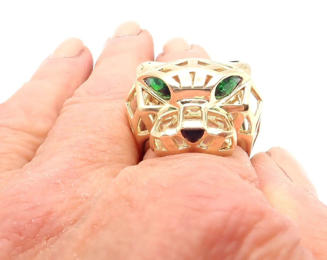 Authentic! Cartier Panther Panthere 18k Yellow Gold Tsavorite Onyx Large Ring - 11