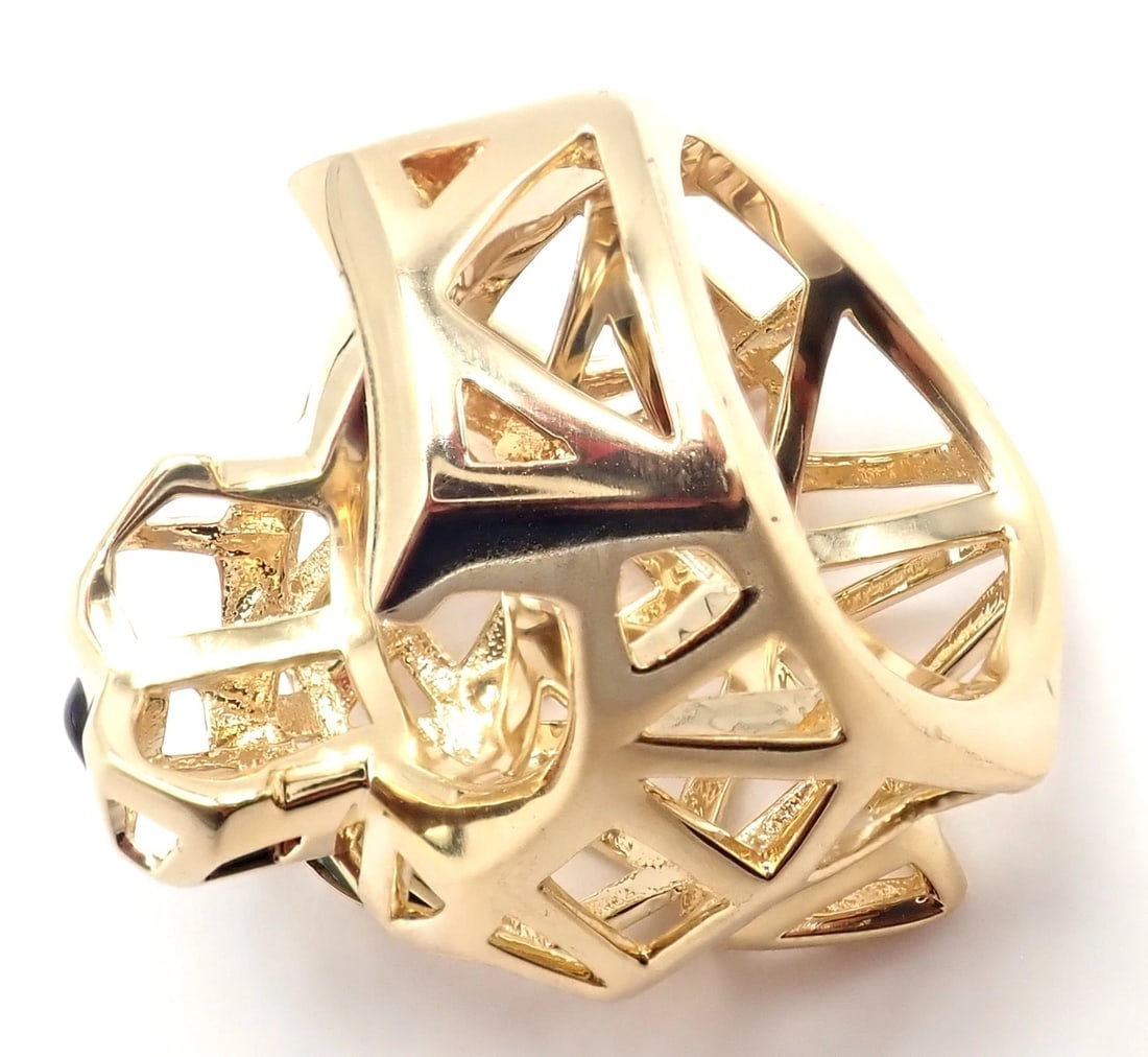 Authentic! Cartier Panther Panthere 18k Yellow Gold Tsavorite Onyx Large Ring - 12