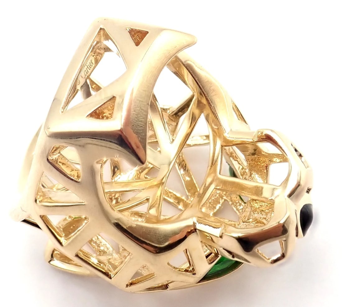 Authentic! Cartier Panther Panthere 18k Yellow Gold Tsavorite Onyx Large Ring - 13