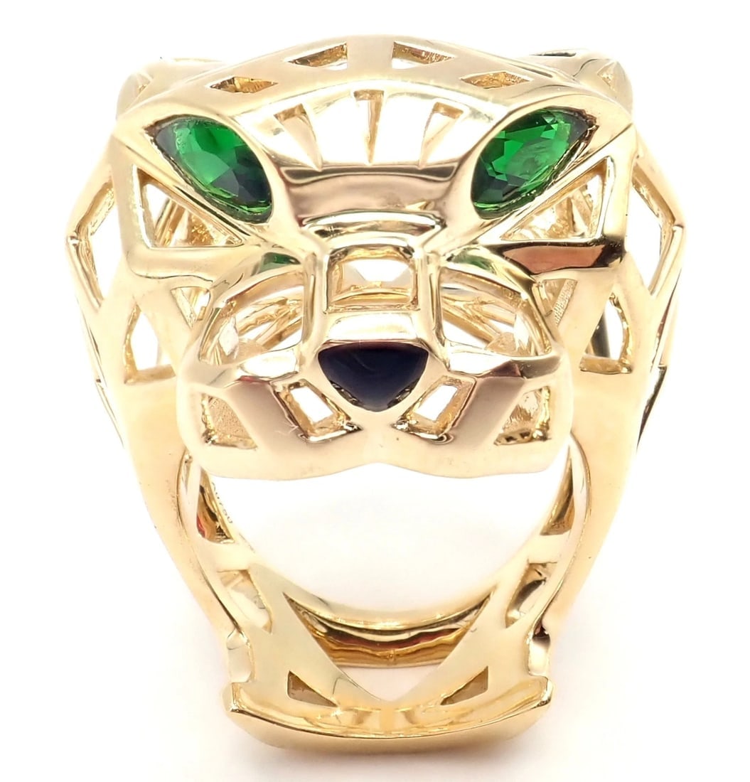 Authentic! Cartier Panther Panthere 18k Yellow Gold Tsavorite Onyx Large Ring - 3