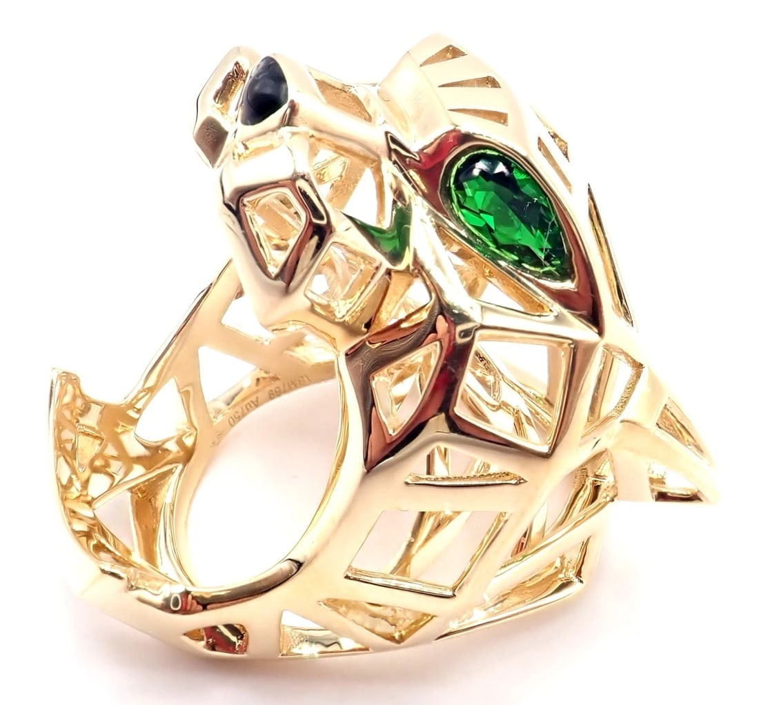 Authentic! Cartier Panther Panthere 18k Yellow Gold Tsavorite Onyx Large Ring - 4