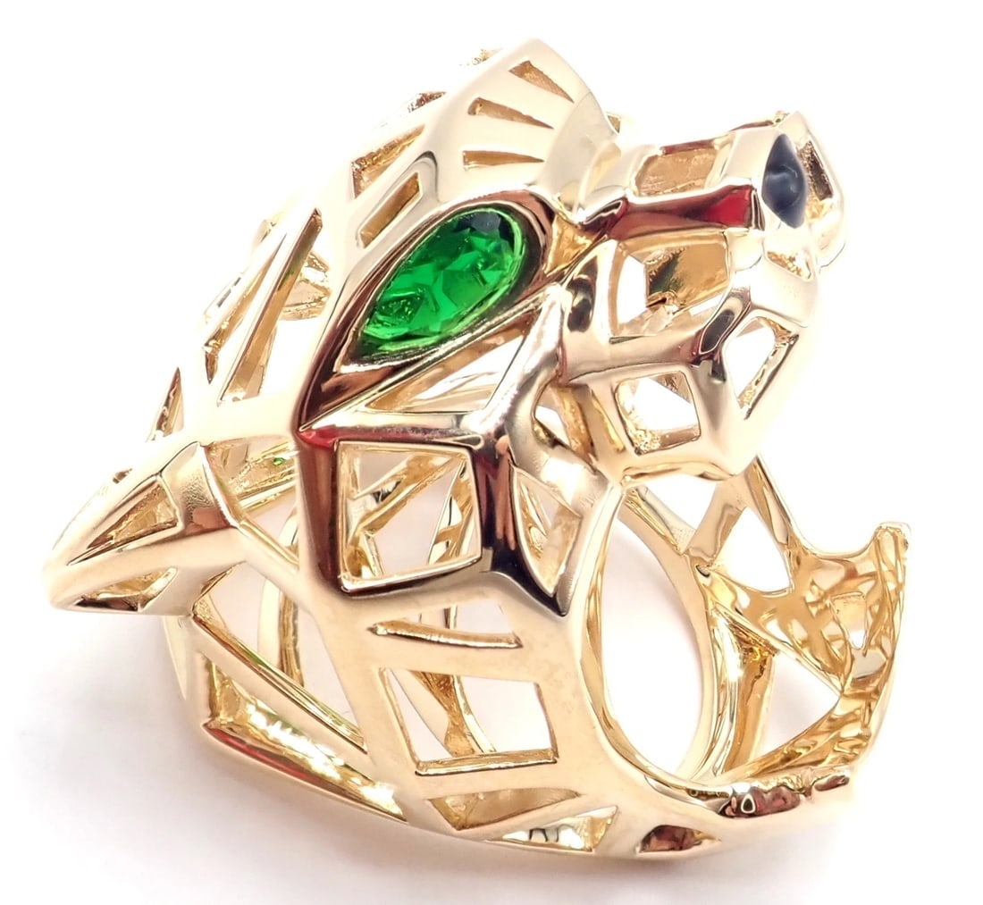 Authentic! Cartier Panther Panthere 18k Yellow Gold Tsavorite Onyx Large Ring - 5