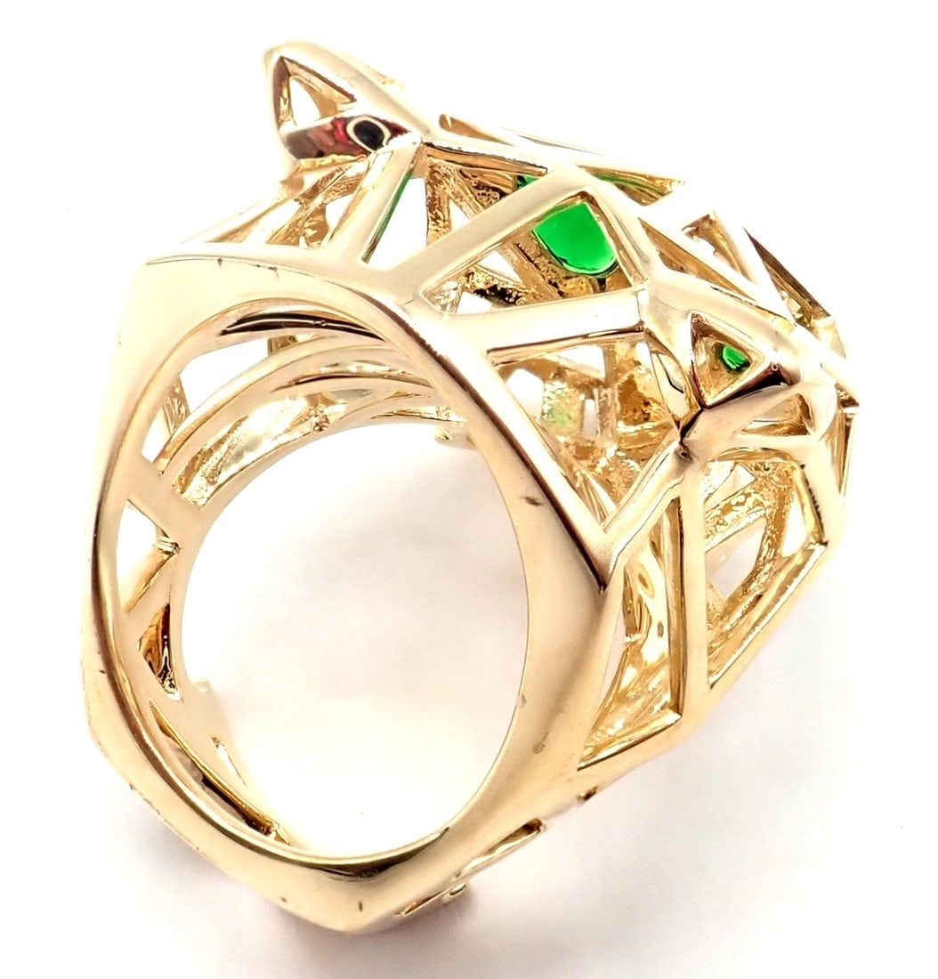 Authentic! Cartier Panther Panthere 18k Yellow Gold Tsavorite Onyx Large Ring - 7