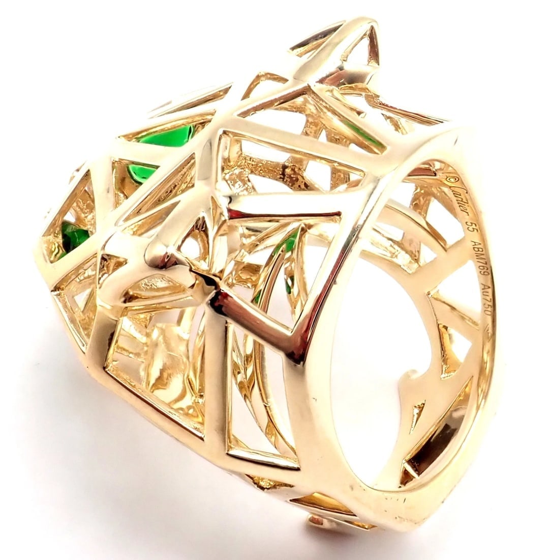 Authentic! Cartier Panther Panthere 18k Yellow Gold Tsavorite Onyx Large Ring - 8