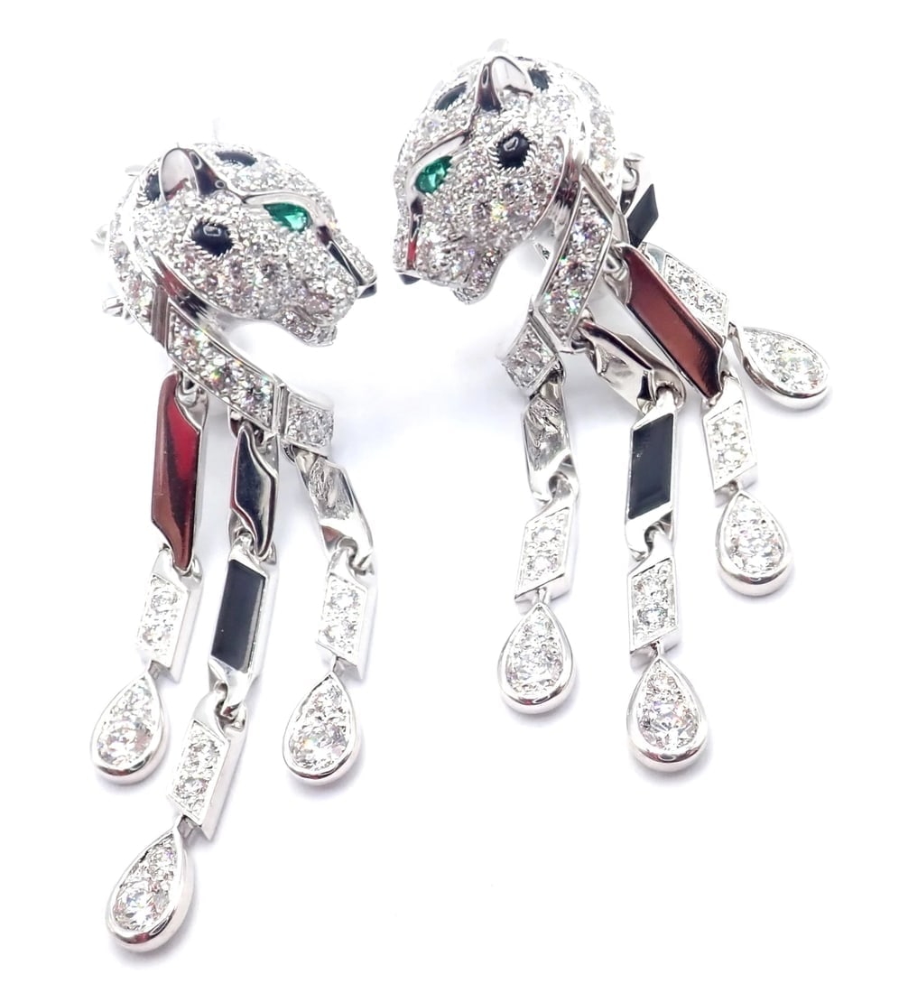 Authentic! Cartier Panthere Panther 18k White Gold Diamond Black Onyx Earrings - 14