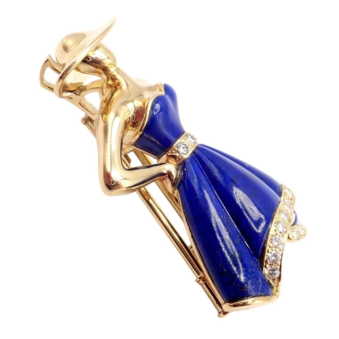 Authentic! Christian Dior 18k Yellow Gold Diamond Lapis Lady Dior Brooch Pendant - 9