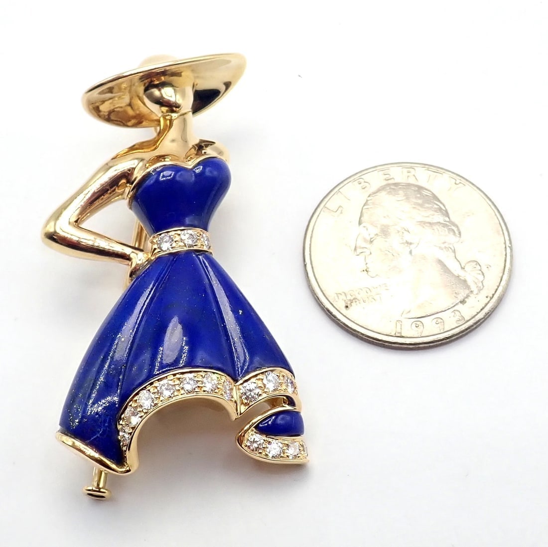Authentic! Christian Dior 18k Yellow Gold Diamond Lapis Lady Dior Brooch Pendant - 4