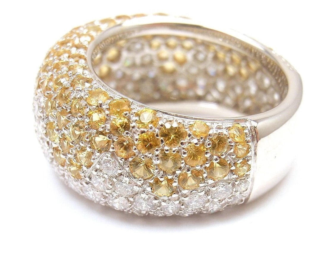 Authentic! Chopard 18k White Gold Yellow Sapphire Diamond Wave Wide Band Ring - 9