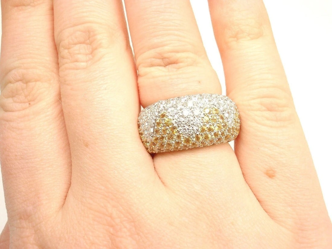 Authentic! Chopard 18k White Gold Yellow Sapphire Diamond Wave Wide Band Ring - 12