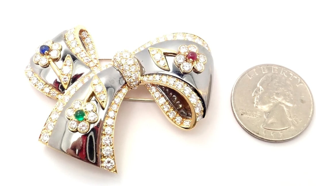 Rare Van Cleef & Arpels 18k Gold Diamond Ruby Emerald Sapphire Flower Pin Brooch - 5