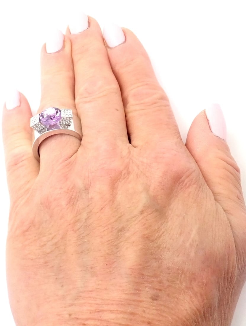 Authentic! Chopard 18k White Gold Diamond Amethyst Wide Band Ring - 9
