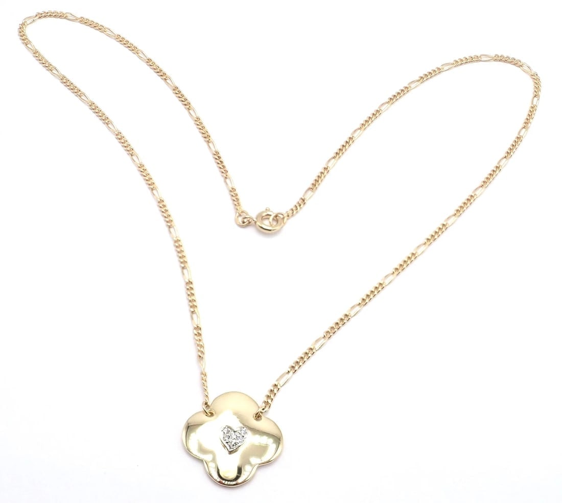 Authentic! Vintage Cartier 18k Yellow Gold Diamond Heart Clover Pendant Necklace - 3