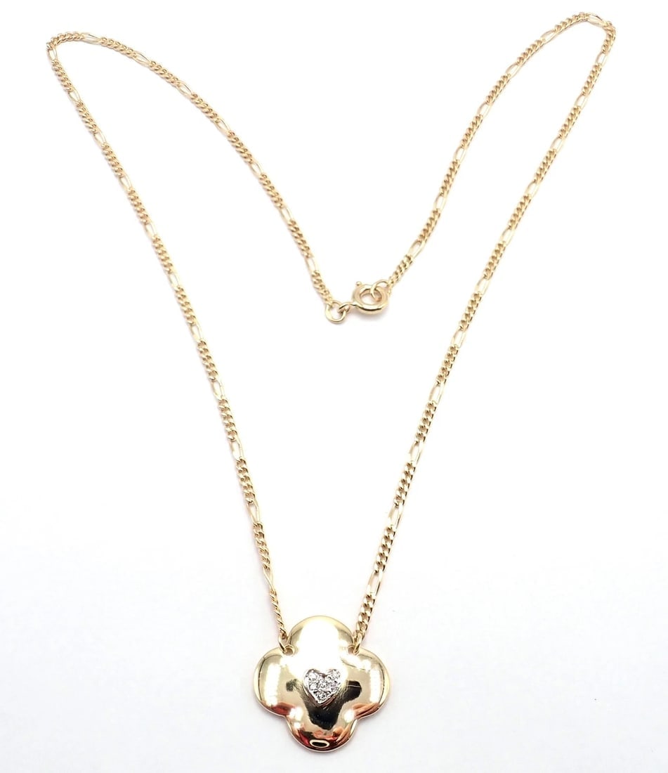 Authentic! Vintage Cartier 18k Yellow Gold Diamond Heart Clover Pendant Necklace - 4