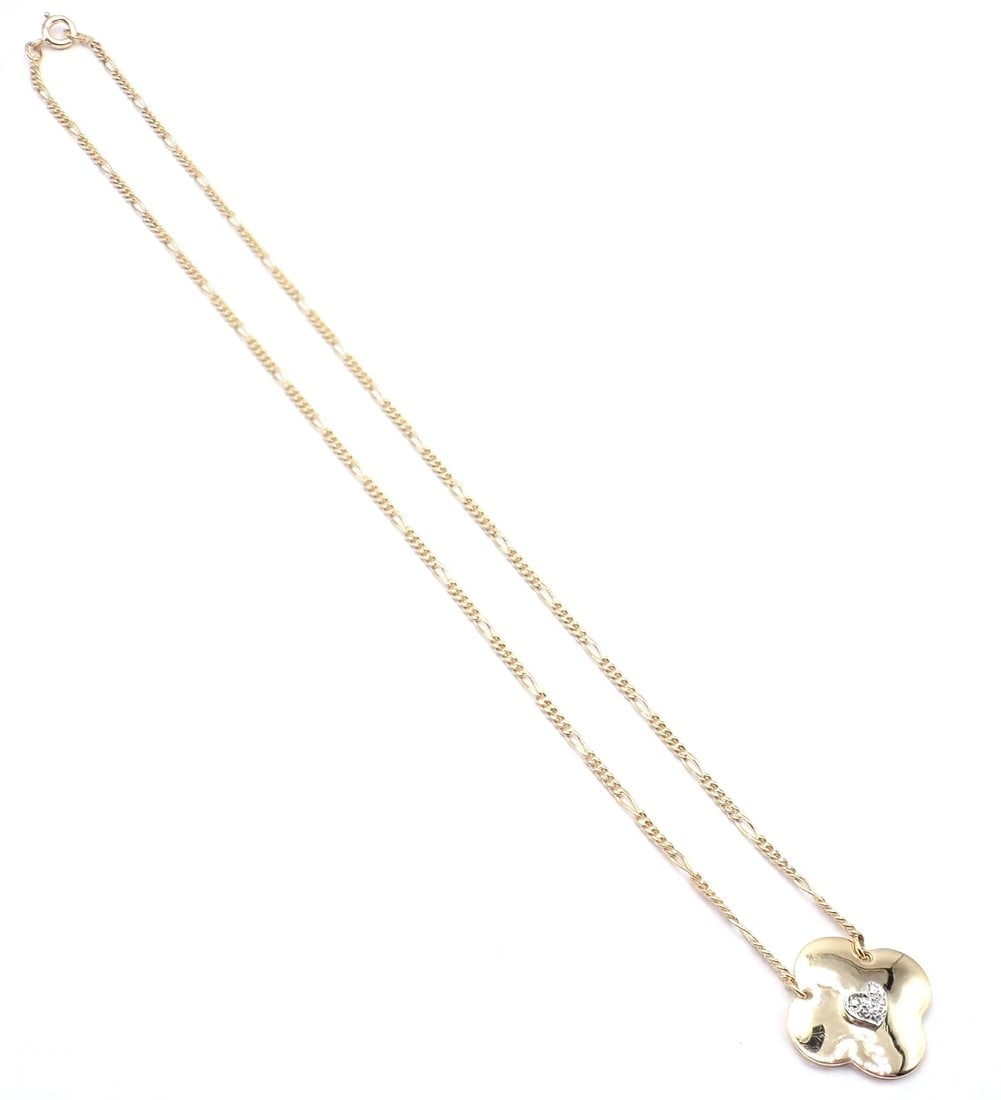 Authentic! Vintage Cartier 18k Yellow Gold Diamond Heart Clover Pendant Necklace - 8