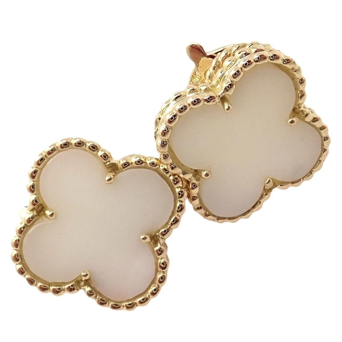 Rare! Van Cleef & Arpels Vintage Alhambra 18k Yellow Gold White Coral Earrings - 9