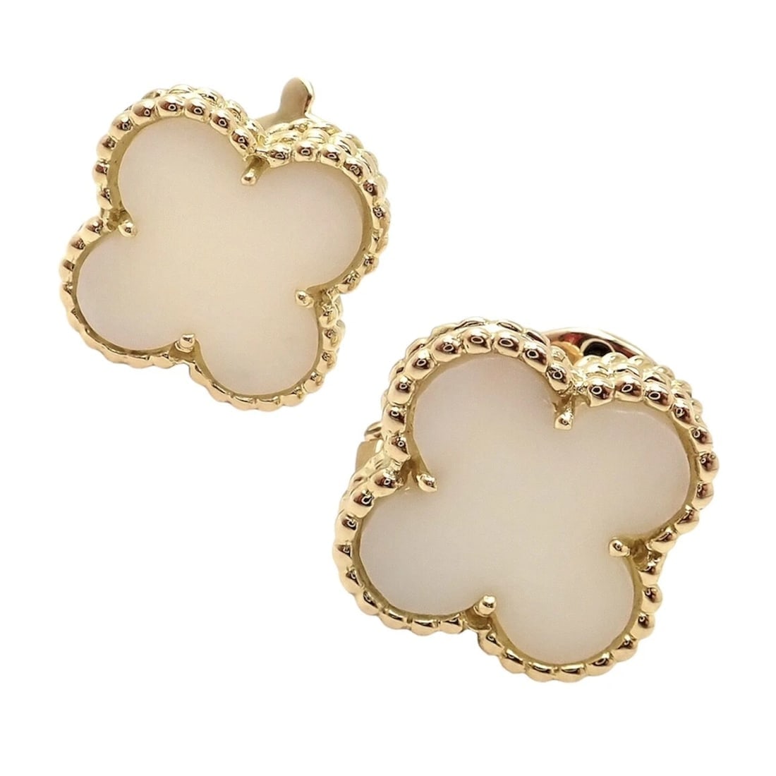 Rare! Van Cleef & Arpels Vintage Alhambra 18k Yellow Gold White Coral Earrings - 16